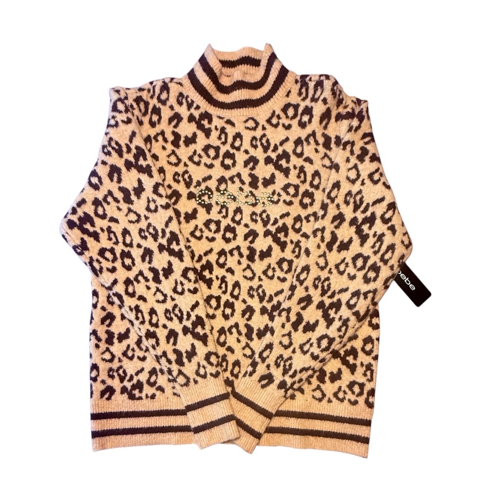 NWT bebe Women's Leopard Cowl Neck Sweater - Cream and Brown Size Large